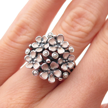 Pandora 925 Sterling Silver Enamel Real Pearl Cherry Blossom Bouquet Ring Size 6