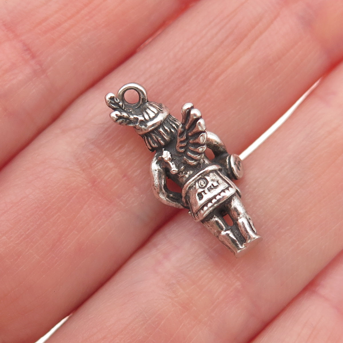 925 Sterling Silver Vintage One Wing Indian Chief Oxidized 3D Mini Charm Pendant