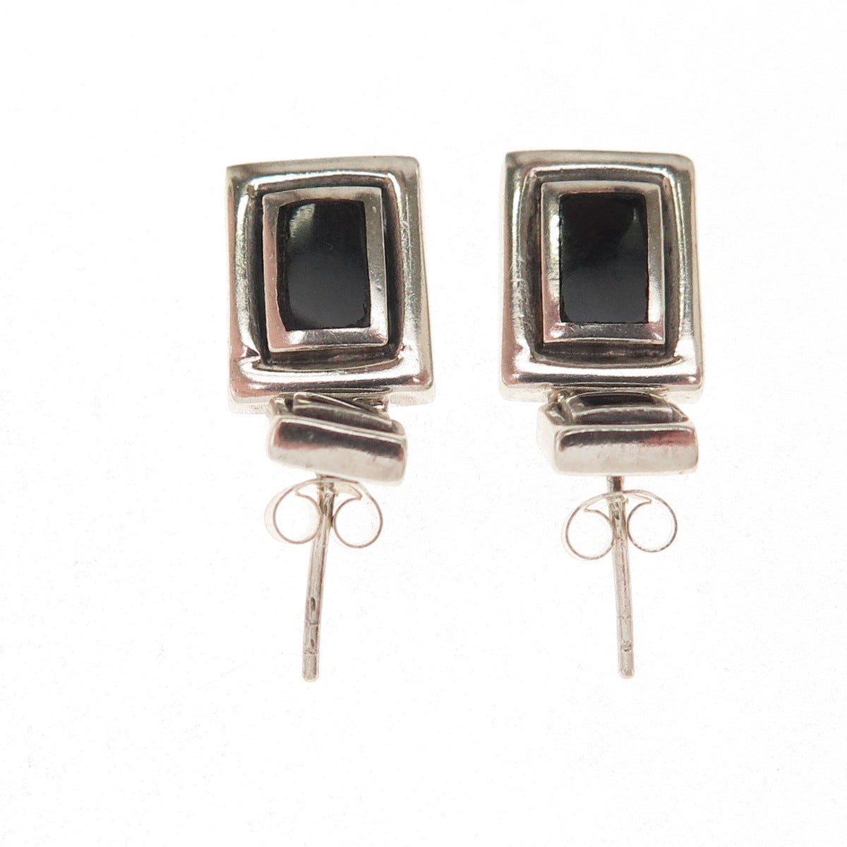 925 Sterling Silver Vintage Real Black Onyx Geometric Oxidized Earrings