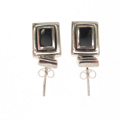 925 Sterling Silver Vintage Real Black Onyx Geometric Oxidized Earrings