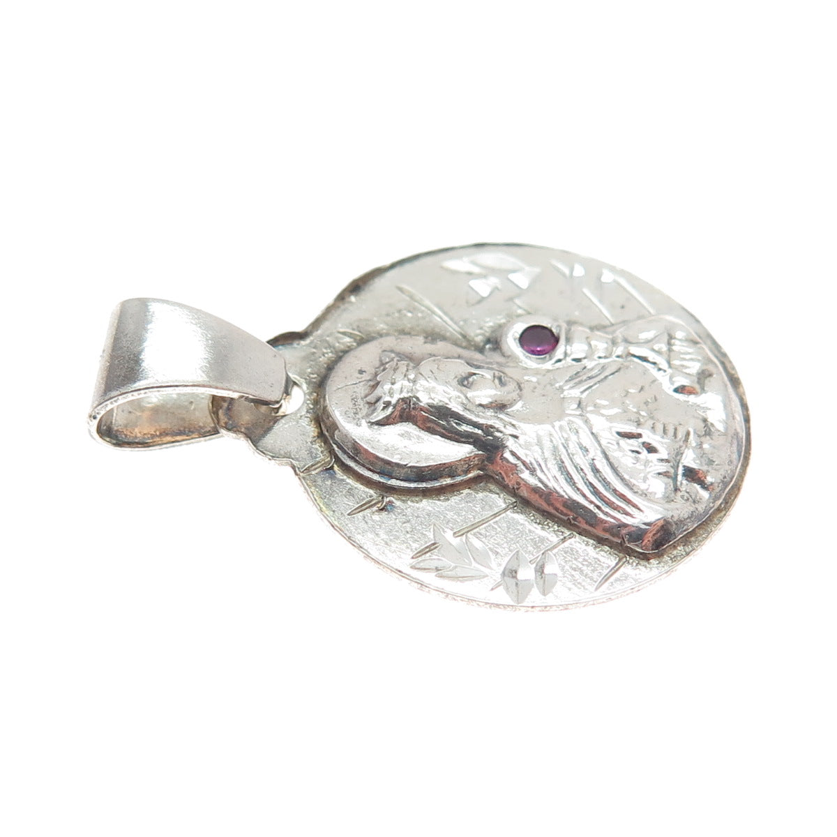 925 Sterling Silver Vintage Real Ruby St. Barbara Religious Charm Pendant