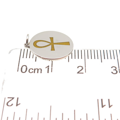 925 Sterling Silver Mustard Enamel Egyptian Ankh Round Tag Mini Charm Pendant