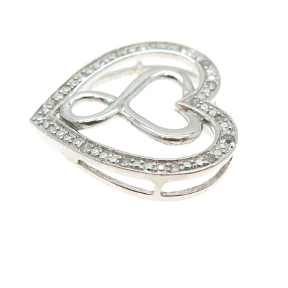 925 Sterling Silver Real Round-Cut Diamond Heart Slide Pendant