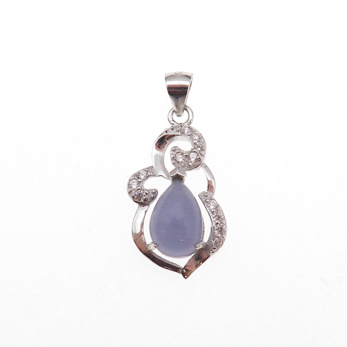 925 Sterling Silver Real Cat's Eye & C Z Charm Pendant