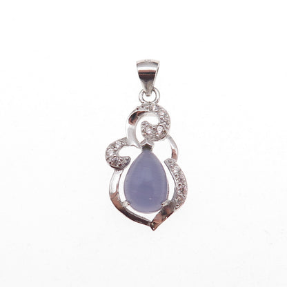 925 Sterling Silver Real Cat's Eye & C Z Charm Pendant