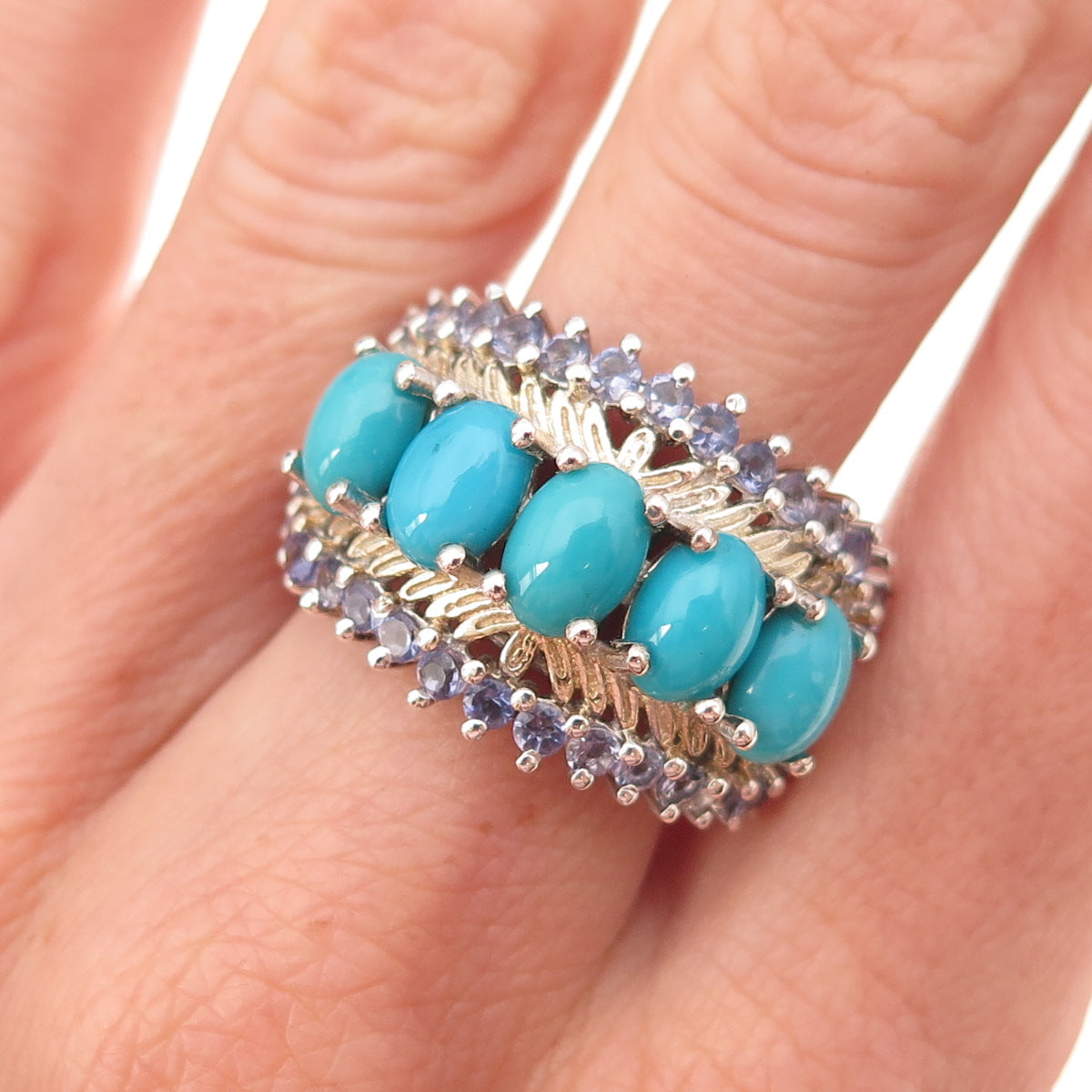 Chuck Clemency Sterling Silver 2-Tone Real Turquoise & Tanzanite Ring Size 8.25