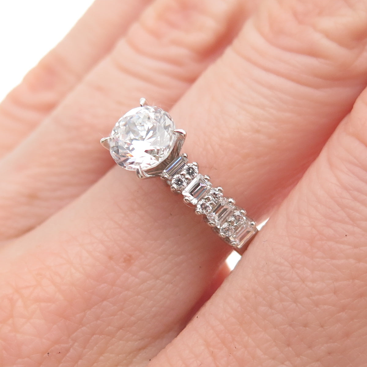925 Sterling Silver Round & Emerald-Cut C Z Engagement Ring Size 8.25