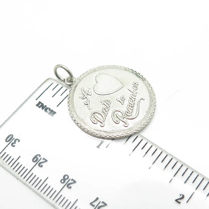 925 Sterling Silver Vintage "A Date To Remember" Heart Round Pendant
