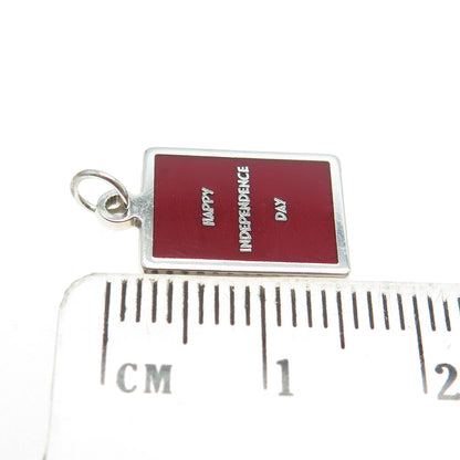 925 Sterling Silver Red Enamel "Happy Independence Day" Minimalist Charm Pendant