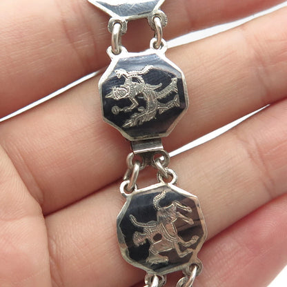 925 Sterling Silver Vintage Siam Niello Hindu Goddess Panel Link Bracelet 6.75"