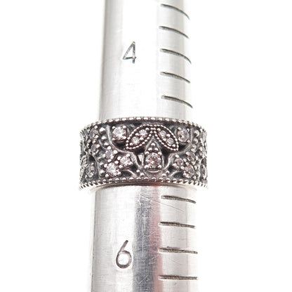 Pandora 925 Sterling Silver Round-Cut C Z Shimmering Leaves Ring Size 5.5