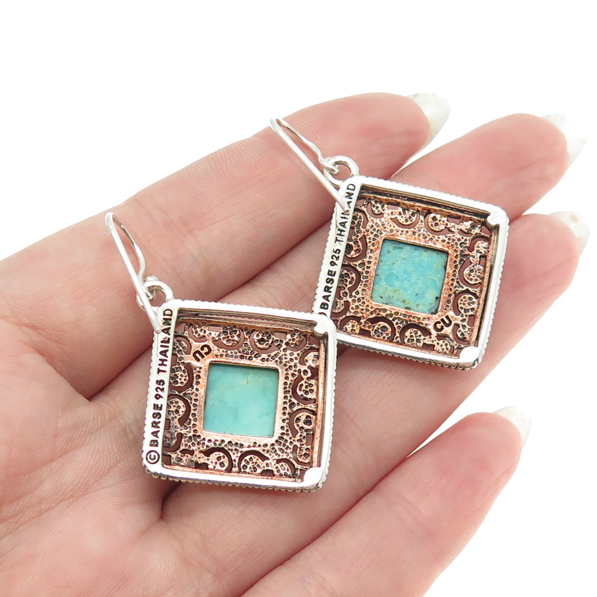 BARSE 925 Sterling Silver 2-Tone Vintage Real Turquoise Ornate Dangling Earrings