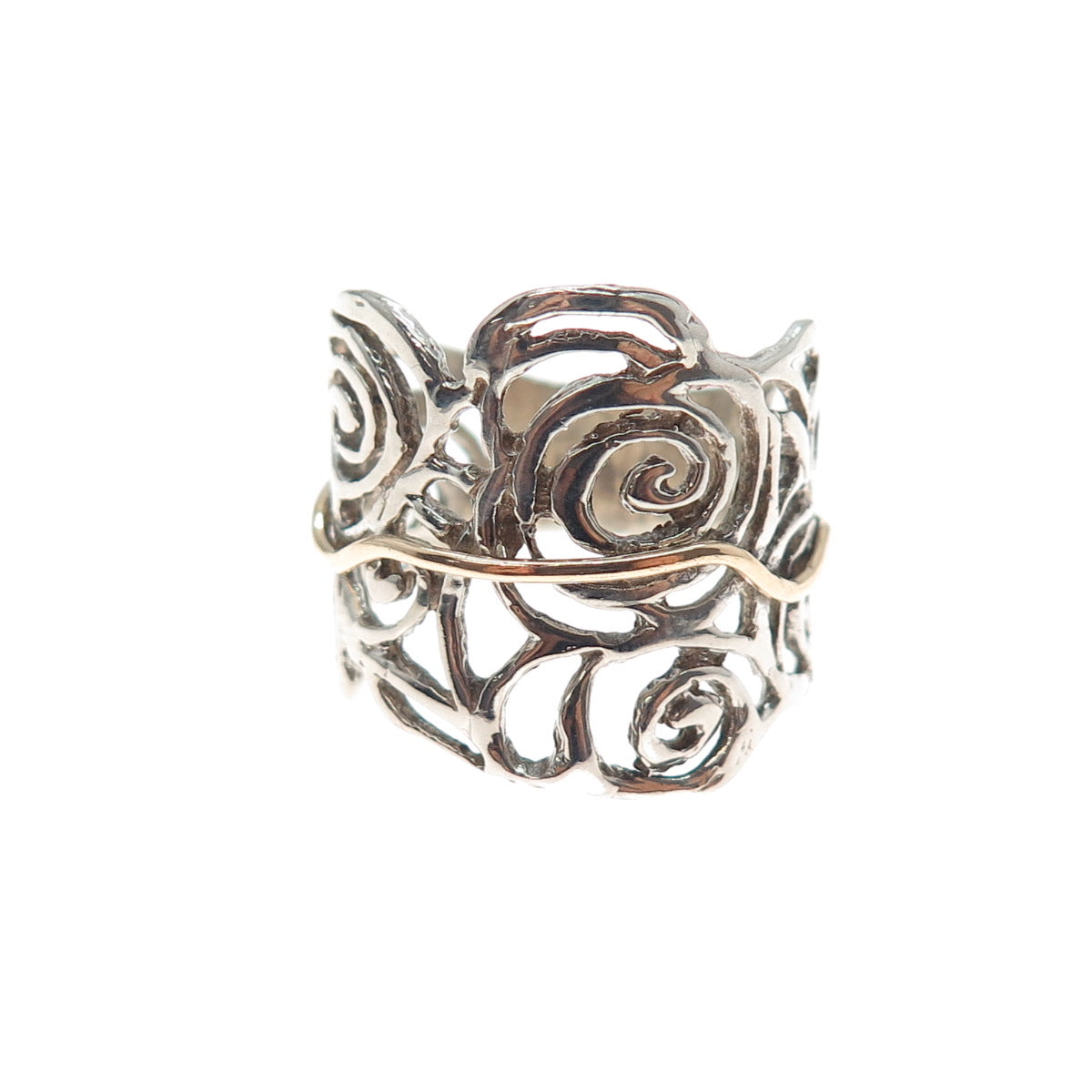 925 Sterling Silver 2-Tone Vintage Modernist Rose Flower Ring Size 7.25