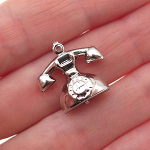 925 Sterling Silver Vintage Retro Rotary Phone 3D Hollow Mini Charm Pendant