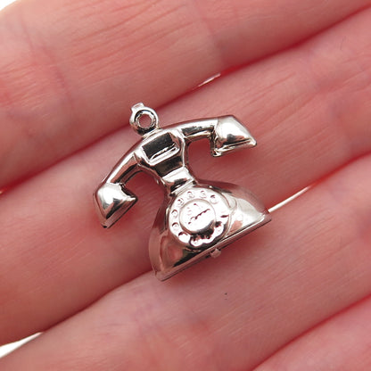 925 Sterling Silver Vintage Retro Rotary Phone 3D Hollow Mini Charm Pendant