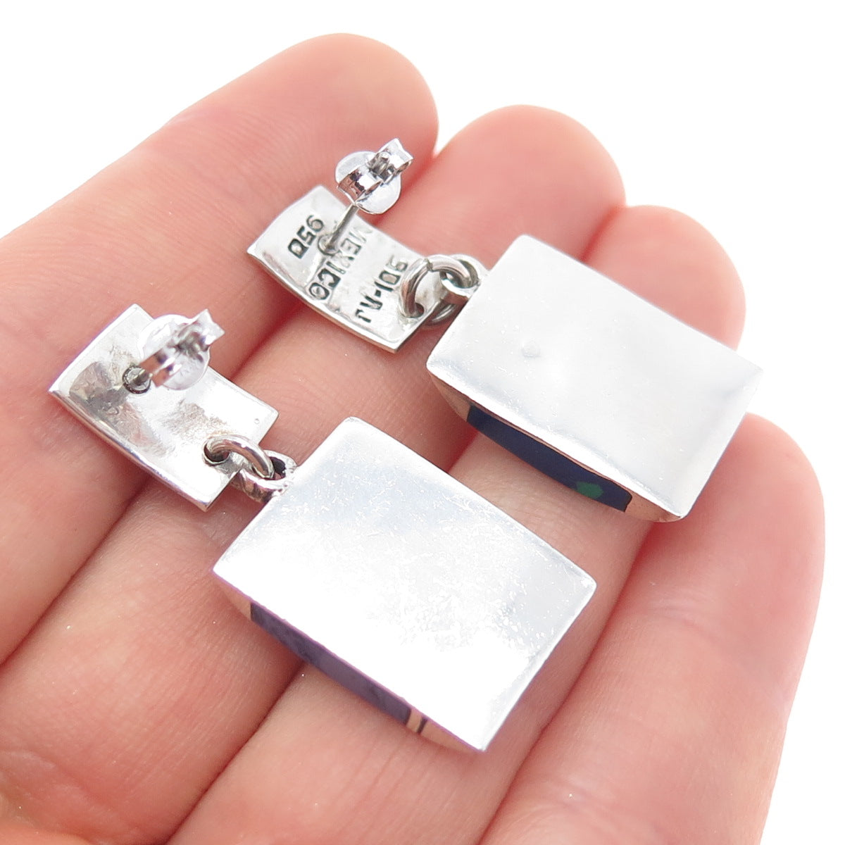 950 Silver Vintage Mexico Real Azurite Modernist Dangle Earrings
