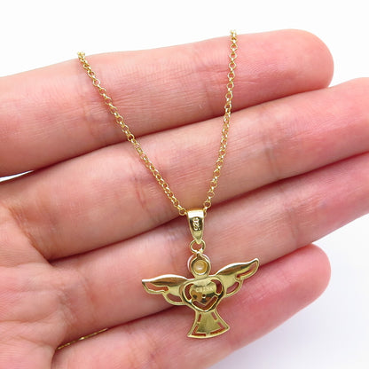 925 Sterling Silver Gold Plated Real Diamond & Opal Angel Rolo Chain Necklace 18