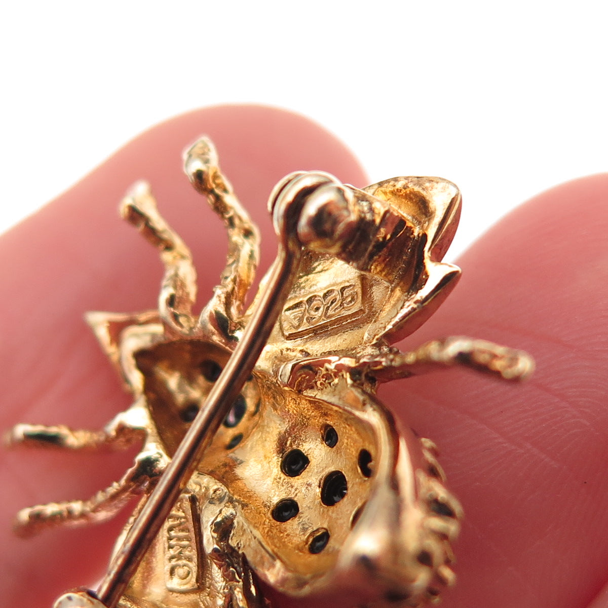 925 Sterling Silver Gold Plated Vintage Real Sapphire Fly Pin Brooch