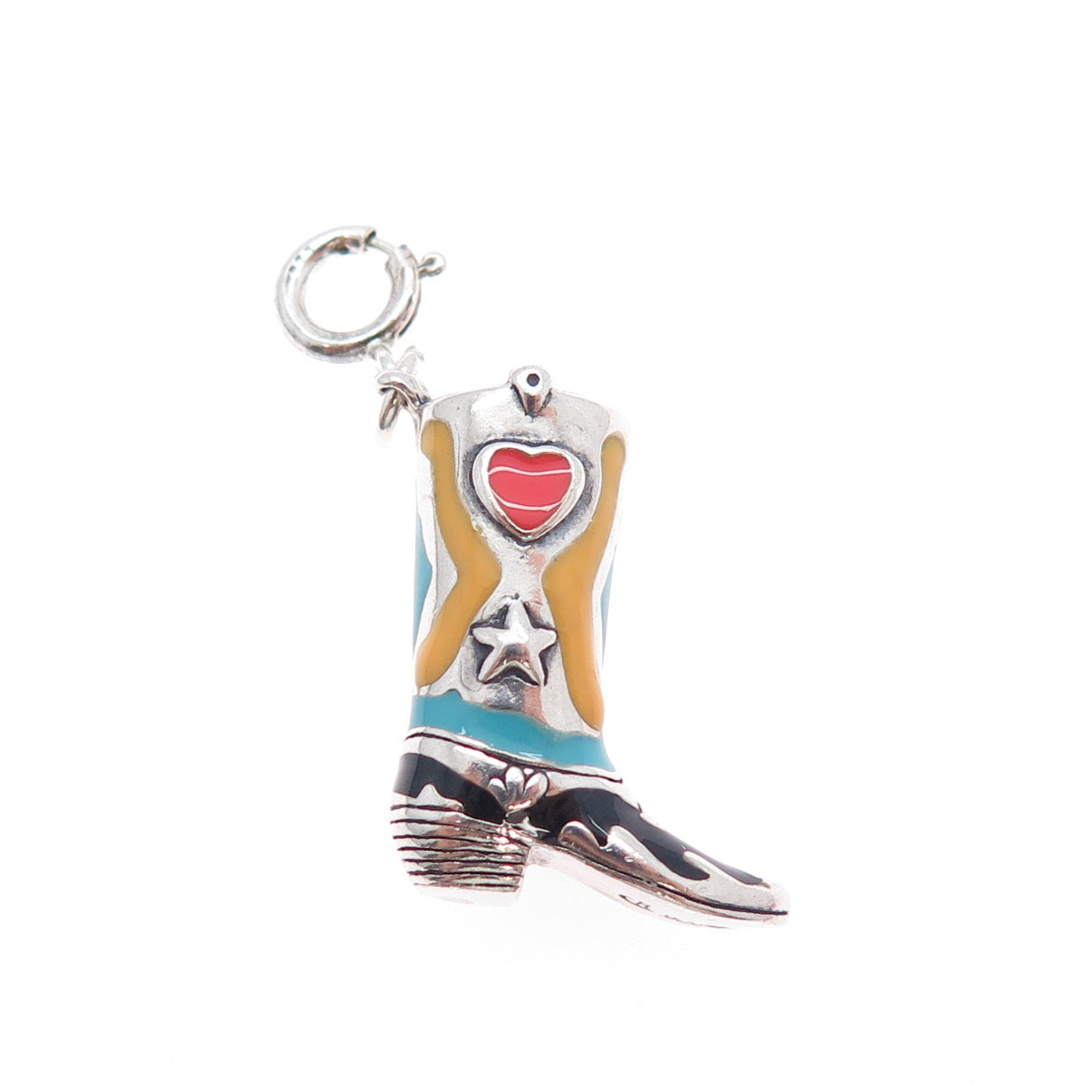 CAROLYN POLLACK 925 Sterling Vintage Enamel Cowboy Shoe Spring Ring Lock Pendant
