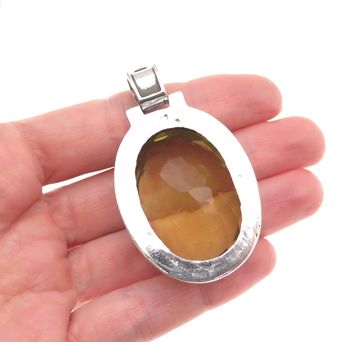 925 Sterling Silver Vintage Real Oval-Cut Lemon Quartz Oxidized Pendant