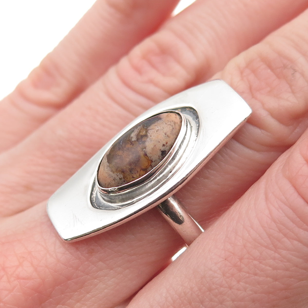 925 Sterling Silver Vintage Real Boulder Opal Modernist Ring Size 8