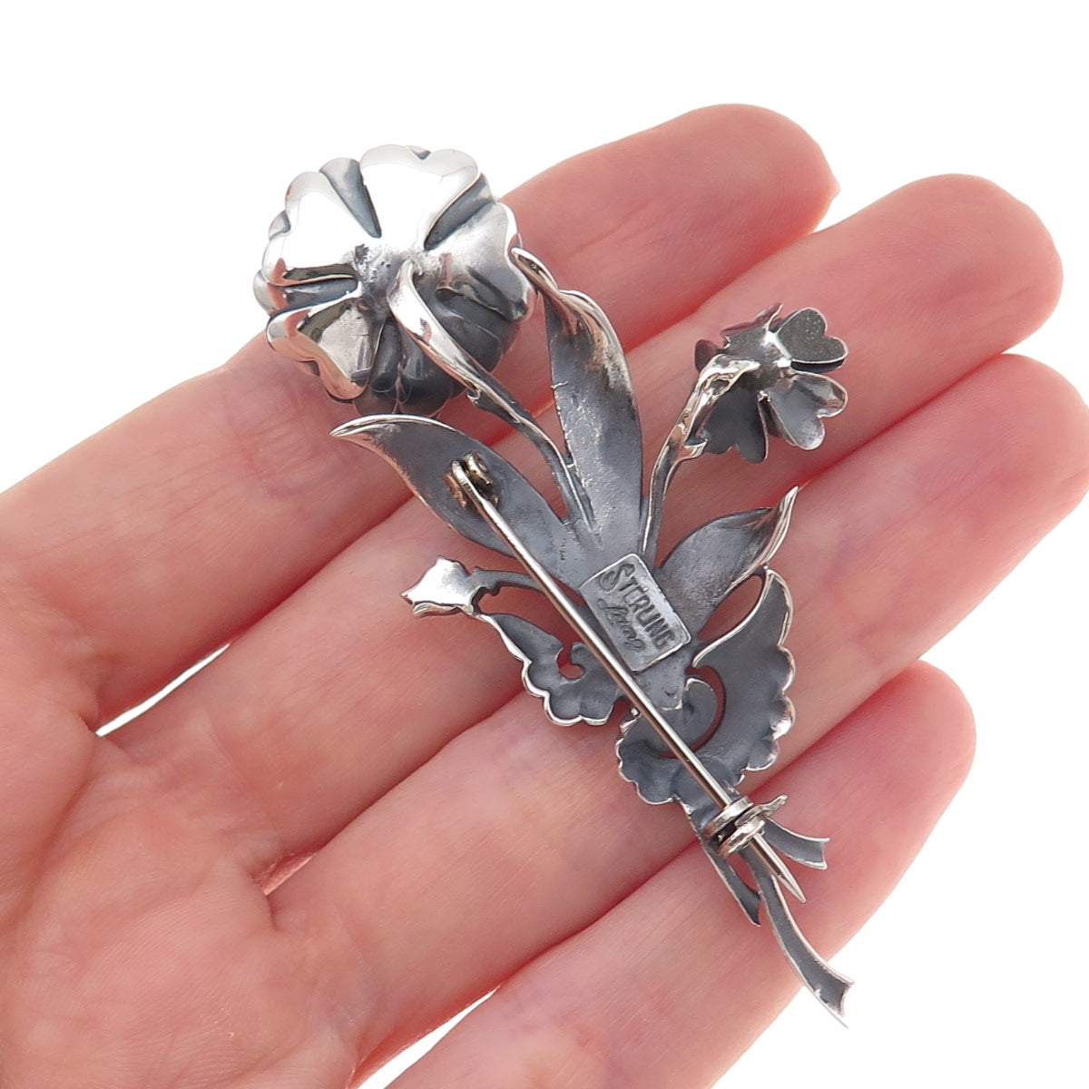 Lang 925 Sterling Silver Antique Art Deco Floral Oxidized Pin Brooch