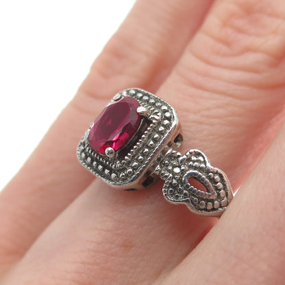 925 Sterling Silver Vintage Real Diamond Accent Lab-Created Ruby Ring Size 8.25