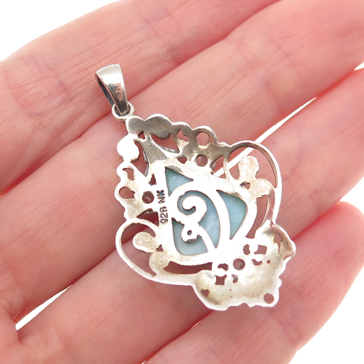 925 Sterling Silver Real Larimar Light Blue Topaz & Marcasite Floral Pendant