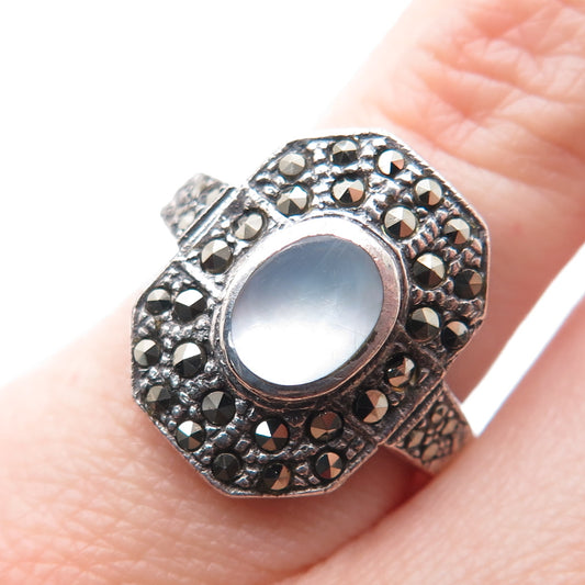 925 Sterling Silver Vintage Real MOP & Marcasite Oxidized Ring Size 5.75