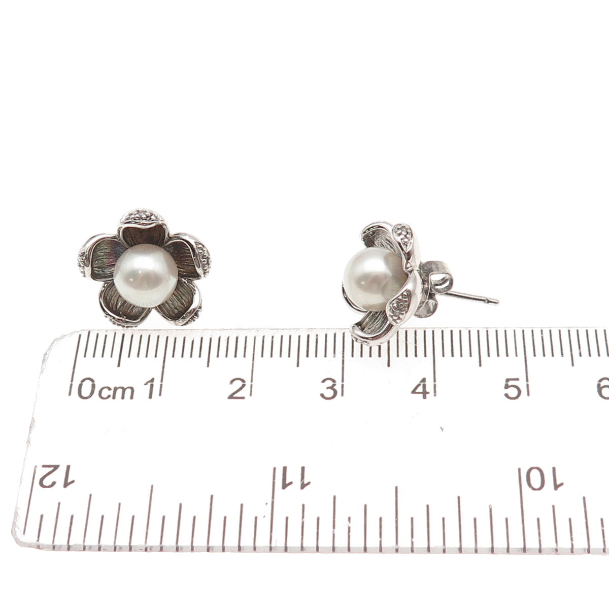 925 Sterling Silver Real Diamond & Pearl Floral Stud Earrings