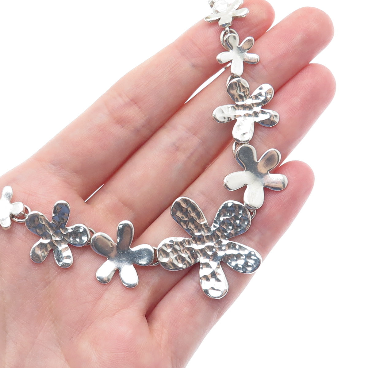 925 Sterling & 950 Silver Vintage Hammered Flower Chain Necklace 16"