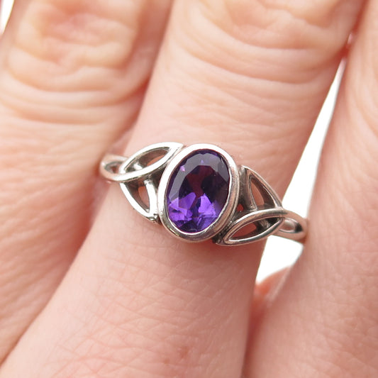 925 Sterling Silver Vintage Real Amethyst Celtic Trinity Ring Size 9