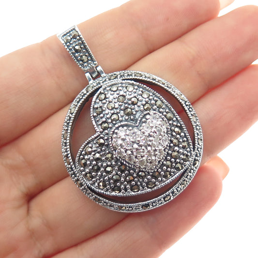 925 Sterling Silver Vintage Real Marcasite & C Z Heart Oxidized Charm Pendant