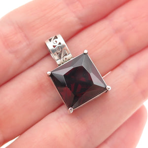 925 Sterling Silver Vintage Real Princess-Cut Red Garnet Mini Charm Pendant