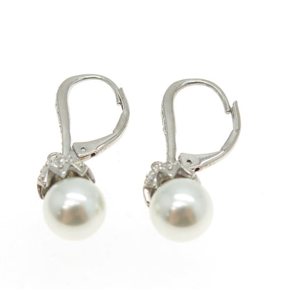 925 Sterling Silver Real Pearl & Round-Cut C Z Teardrop Dangling Earrings