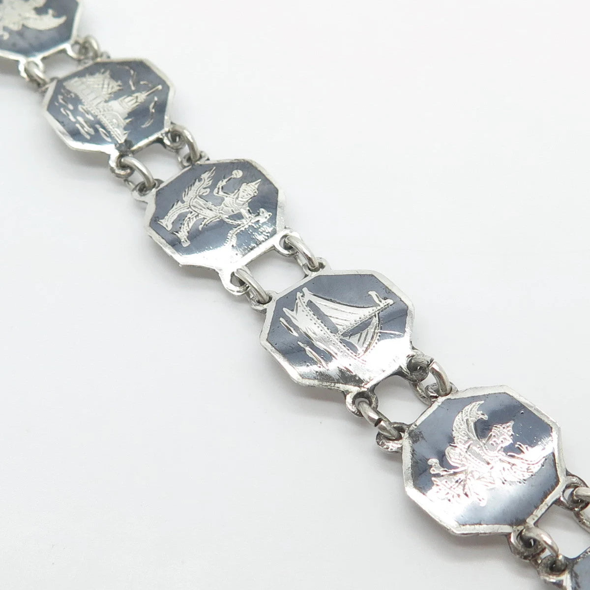 925 Sterling Silver Vintage Siam Niello Hindu Goddess Panel Link Bracelet 6.75"