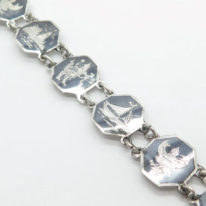 925 Sterling Silver Vintage Siam Niello Hindu Goddess Panel Link Bracelet 6.75"