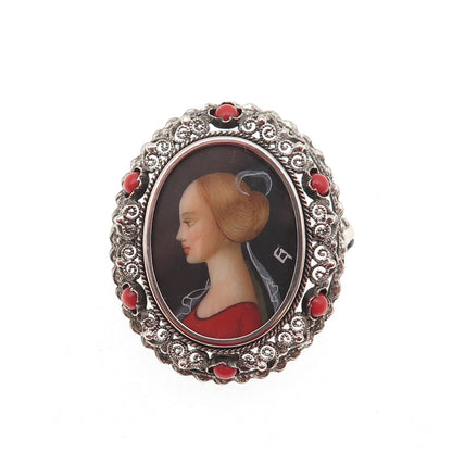 800 Silver Antique Real Coral Hand-Painted Lady Portrait Pin Brooch / Pendant