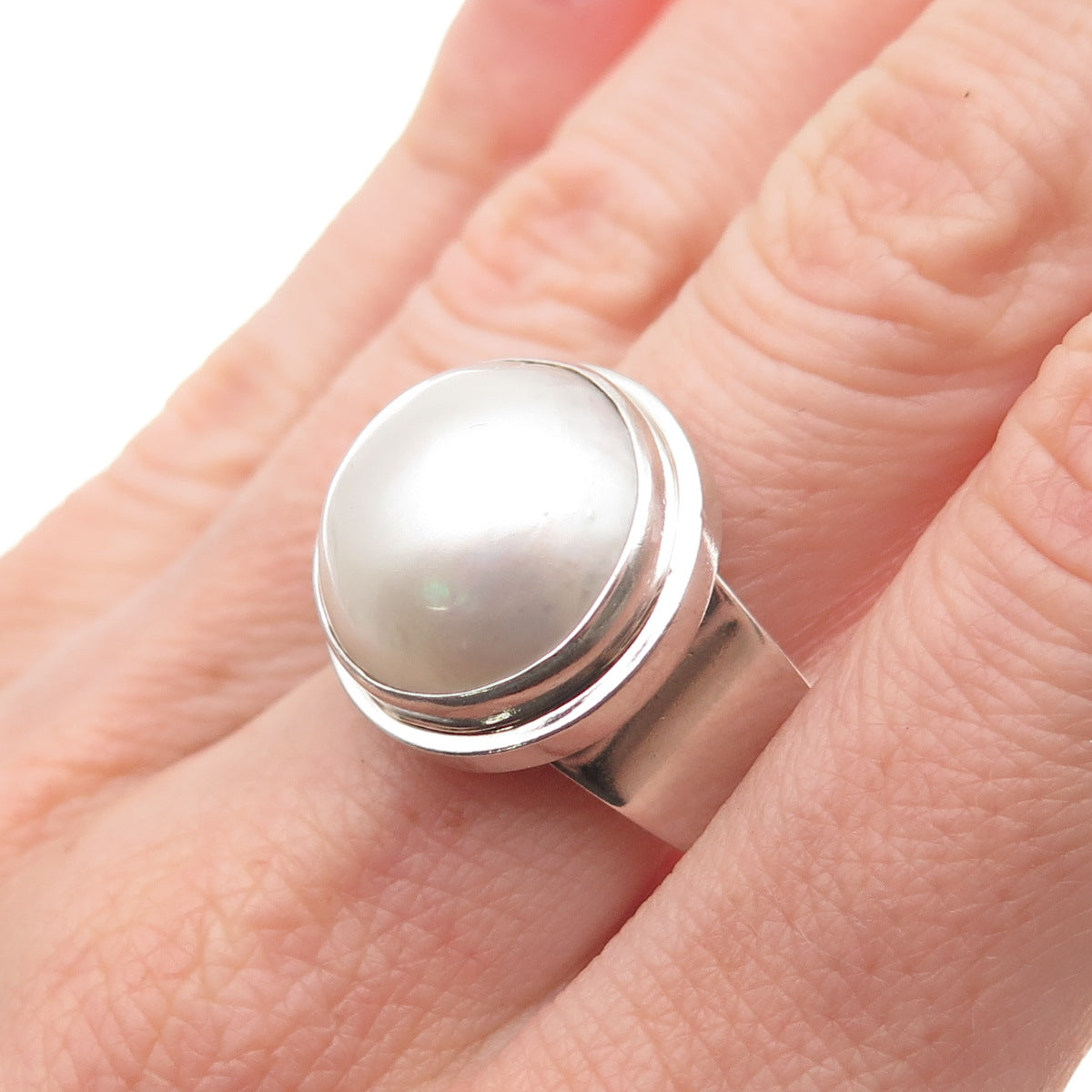 925 Sterling Silver Vintage Real Pearl Modernist Oxidized Ring Size 9.25