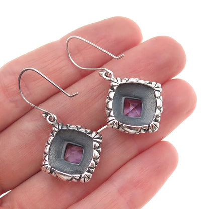 925 Sterling Silver Vintage Real Amethyst Oxidized Dangle Earrings