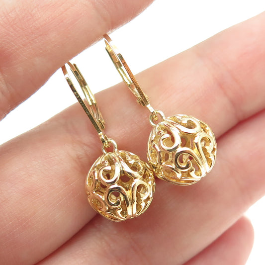 925 Sterling Silver Gold Plated Ornate Ball Dangling Earrings