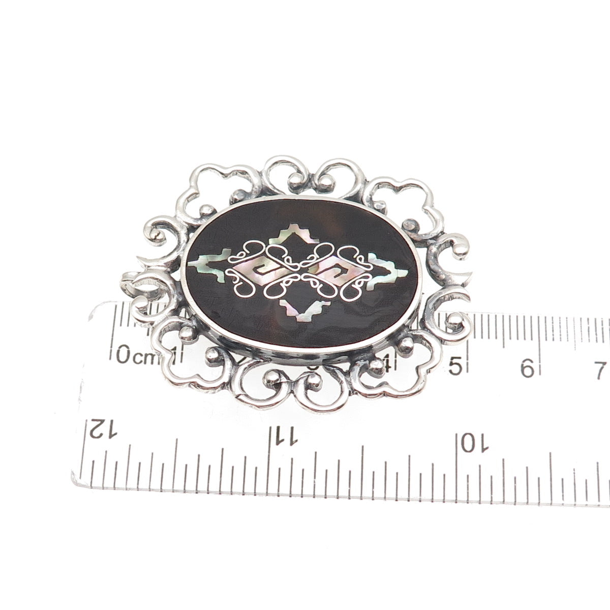 925 Sterling Silver Vintage PGG Mexico Real MOP Ornate Pin Brooch / Pendant