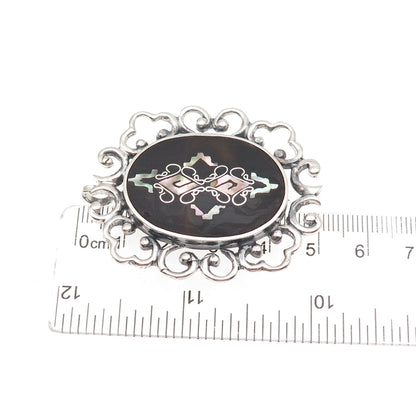 925 Sterling Silver Vintage PGG Mexico Real MOP Ornate Pin Brooch / Pendant
