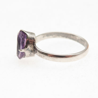 925 Sterling Silver Vintage Real Oval-Cut Amethyst Oxidized Ring Size 8.5