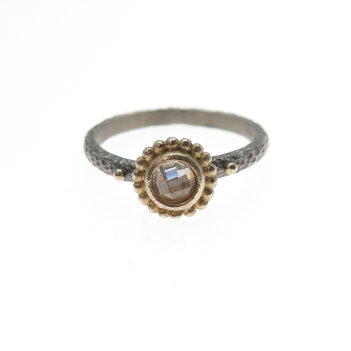 JOEY J. 925 Sterling Silver 2-Tone C Z Oxidized Hammered Ring Size 7
