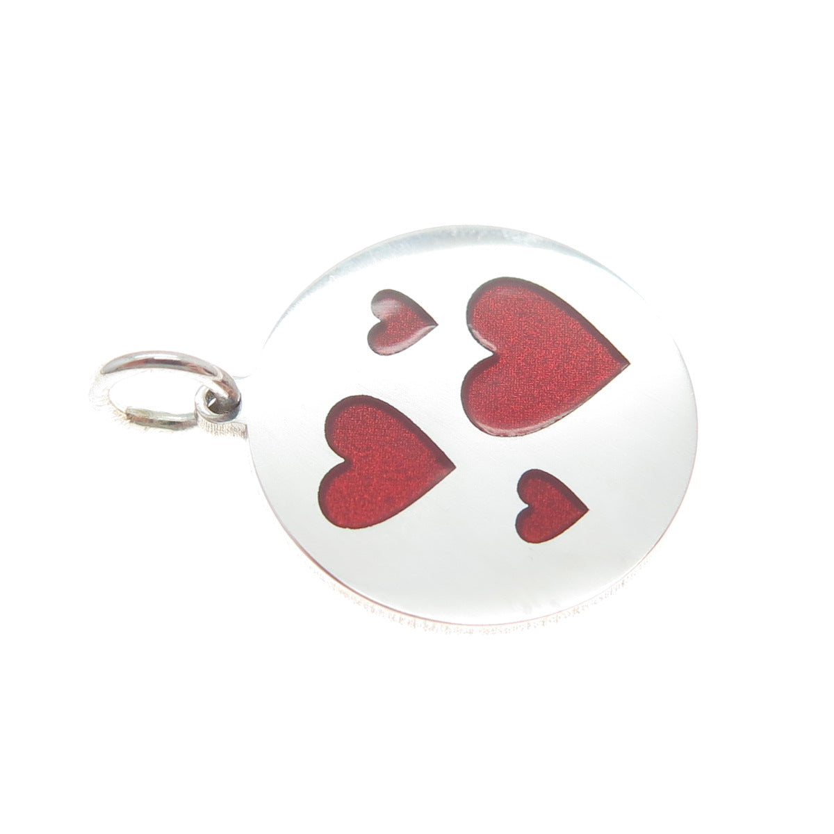 925 Sterling Silver Red Enamel Family Heart Round Tag Minimalist Charm Pendant