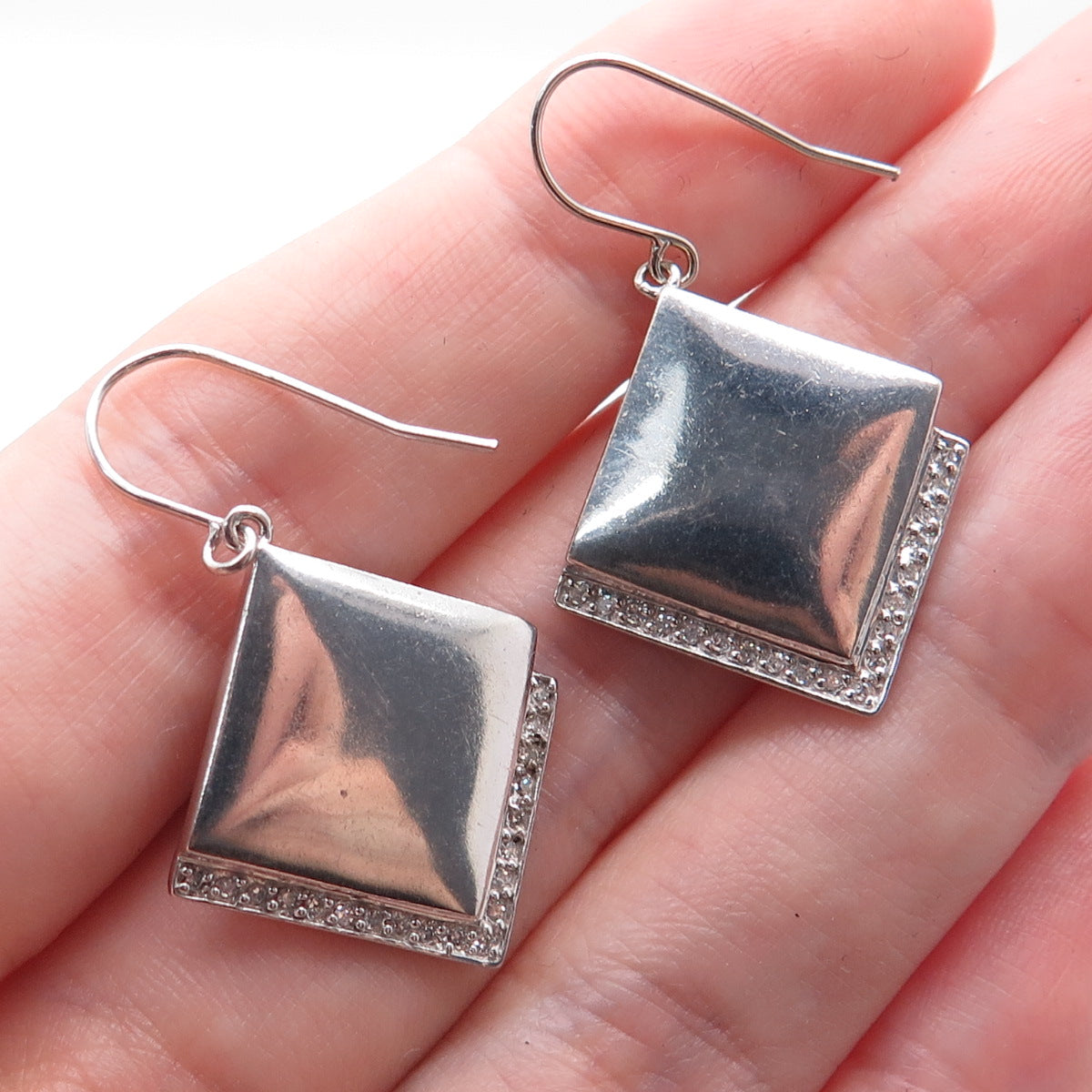 925 Sterling Silver Real Round-Cut Diamond Modernist Dangle Earrings