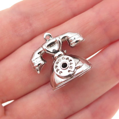 925 Sterling Silver Vintage Retro Rotary Phone 3D Charm Pendant