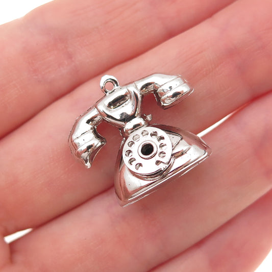 925 Sterling Silver Vintage Retro Rotary Phone 3D Charm Pendant