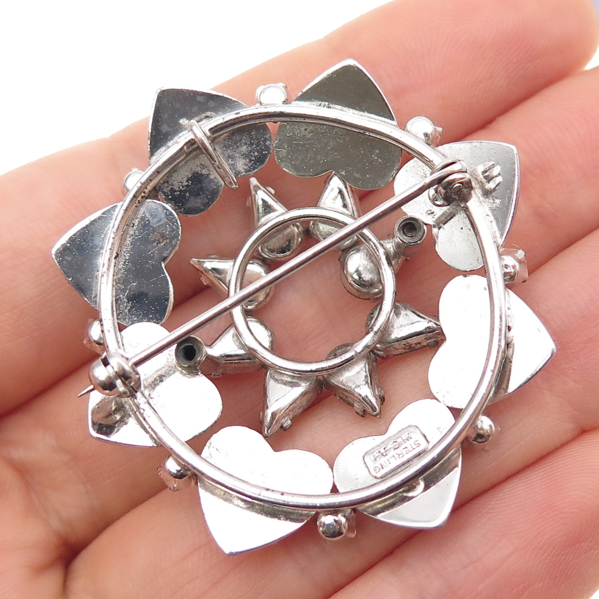 CARL ART 925 Sterling Silver Antique Art Deco Rhinestone Heart Pin Brooch